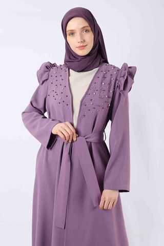 İnci İşlemeli Abaya Takım Lila - 2