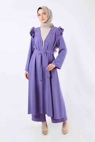 İnci İşlemeli Abaya Takım Mavi - 1