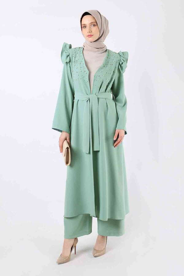 İnci İşlemeli Abaya Takım Su Yeşili - 3