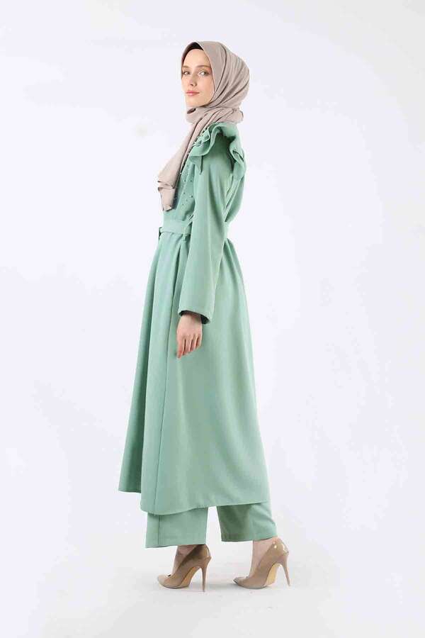 İnci İşlemeli Abaya Takım Su Yeşili - 5