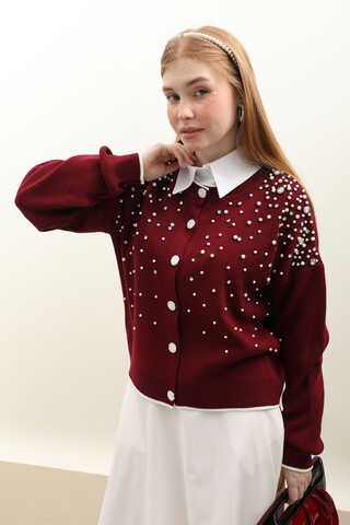 İncili Triko Hırka Bordo - 3