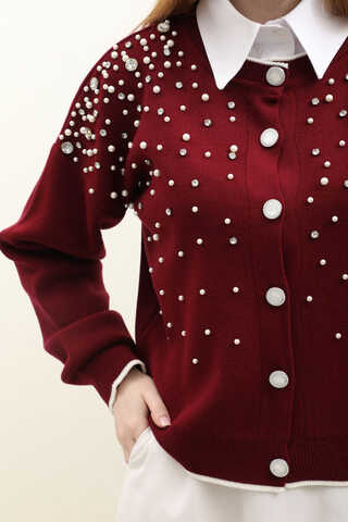 İncili Triko Hırka Bordo - 5