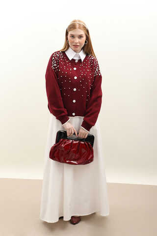 İncili Triko Hırka Bordo - 2