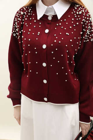 İncili Triko Hırka Bordo - 4