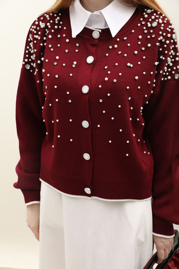 İncili Triko Hırka Bordo - 4