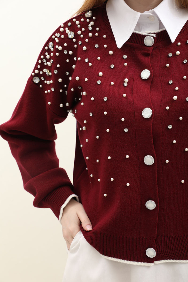 İncili Triko Hırka Bordo - 5