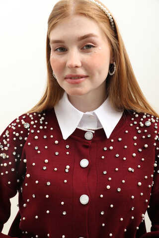 İncili Triko Hırka Bordo - 6