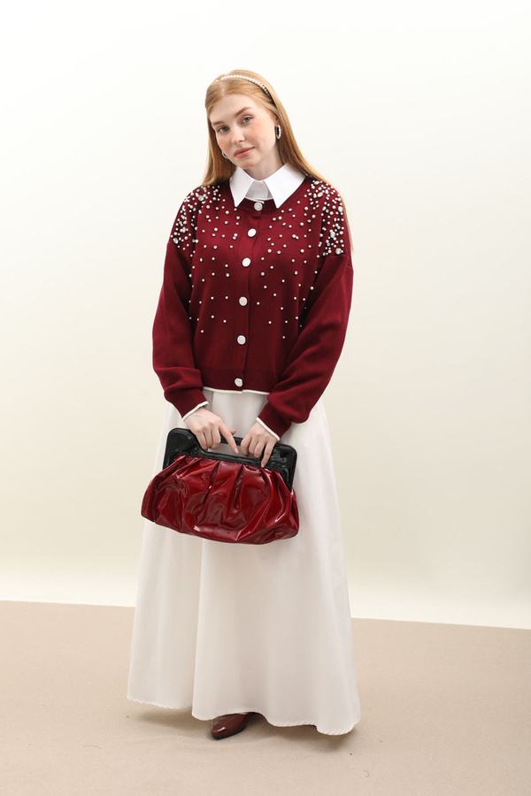 İncili Triko Hırka Bordo - 1