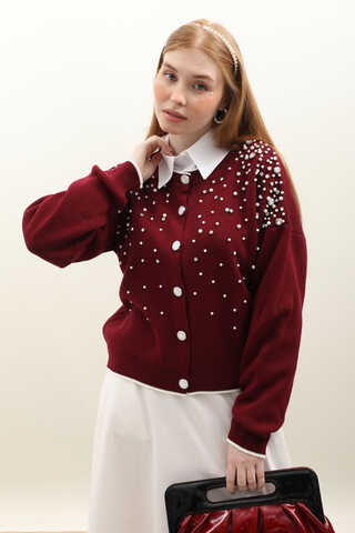 İncili Triko Hırka Bordo - 10