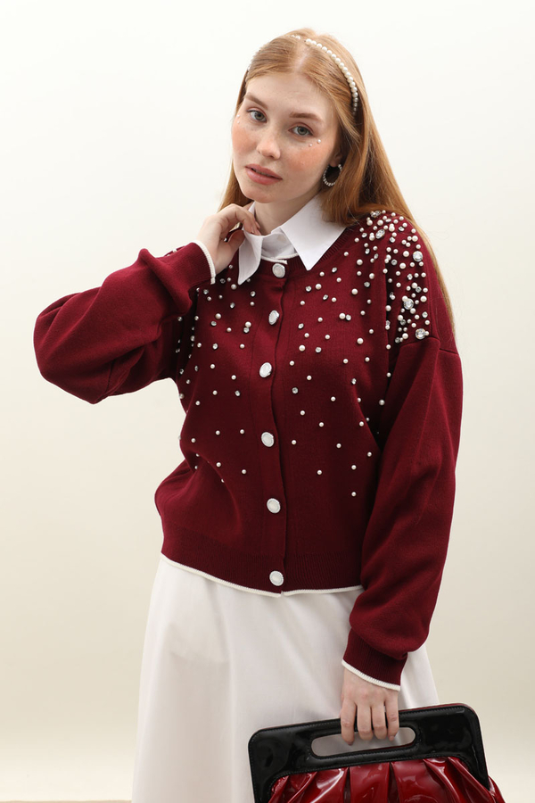 İncili Triko Hırka Bordo - 10