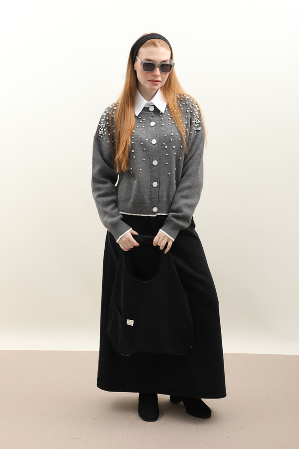 İncili Triko Hırka Gri - 3