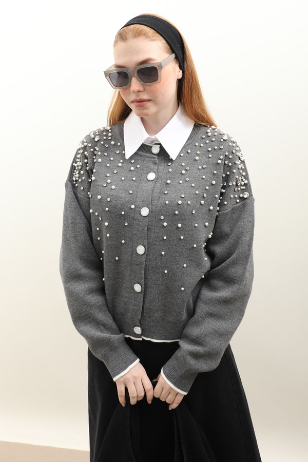 İncili Triko Hırka Gri - 4