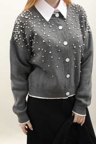 İncili Triko Hırka Gri - 1