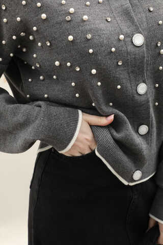 İncili Triko Hırka Gri - 5