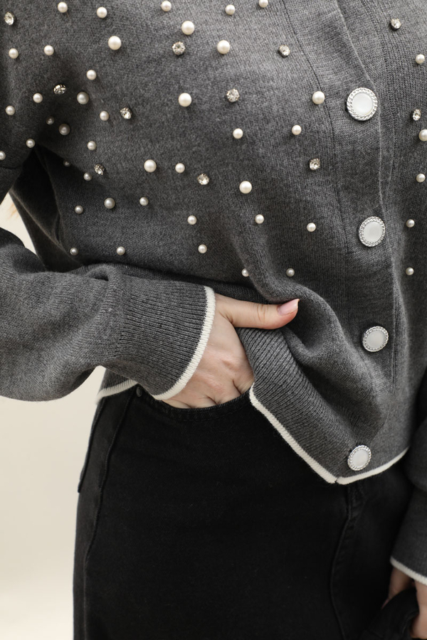 İncili Triko Hırka Gri - 5