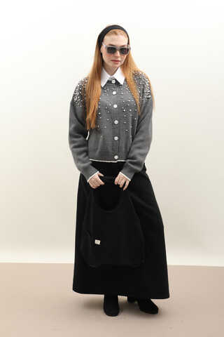 İncili Triko Hırka Gri - 3