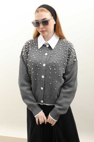 İncili Triko Hırka Gri - 4