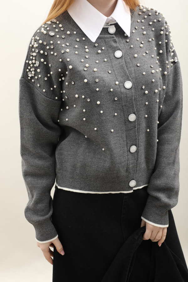 İncili Triko Hırka Gri - 1