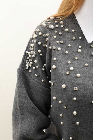 İncili Triko Hırka Gri - 7