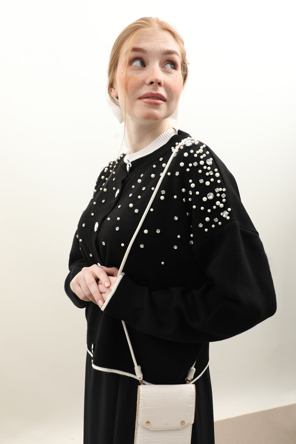 İncili Triko Hırka Siyah - 1