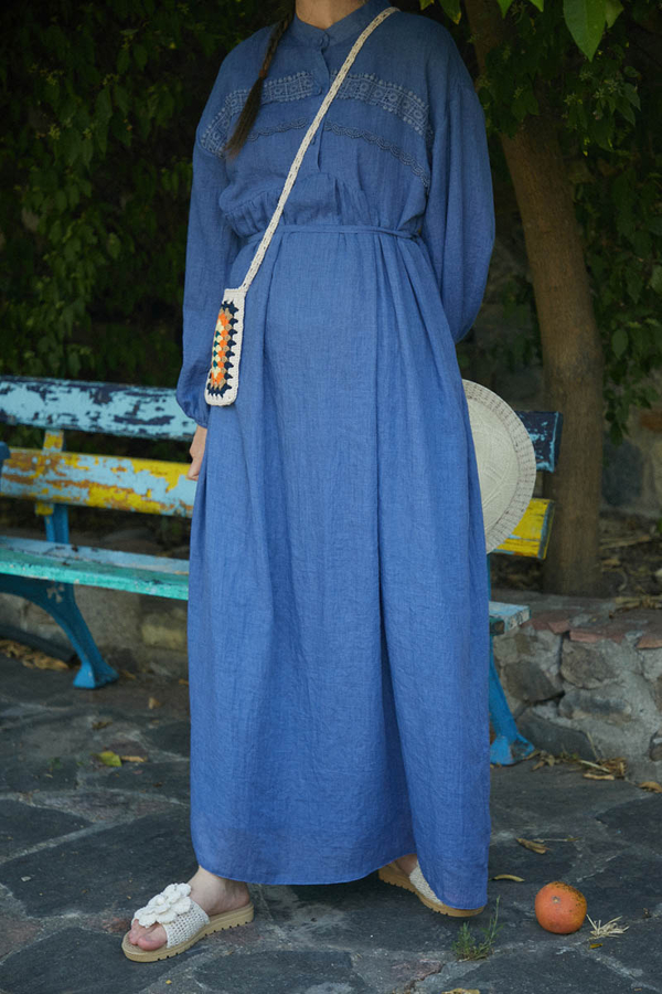 Indigo Lace Yoke Dress - 14