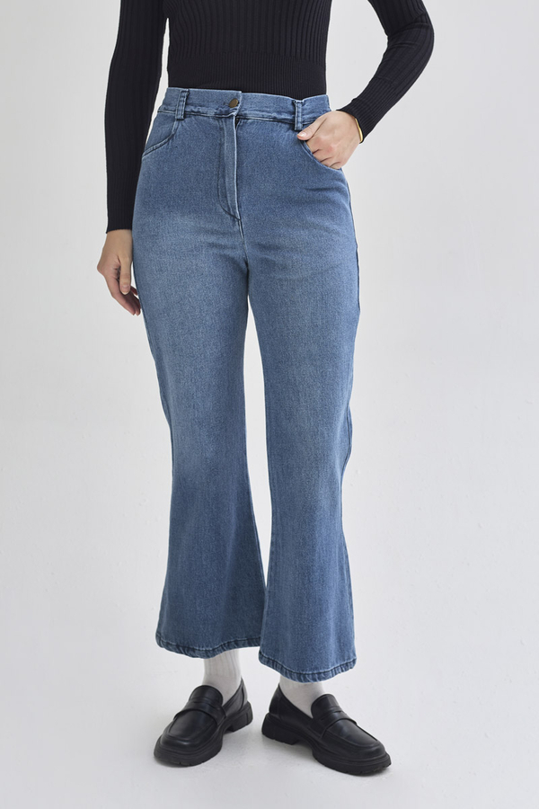 İspanyol Paça Denim Pantolon Açık Mavi - 1