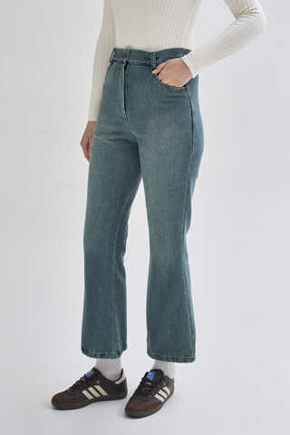 İspanyol Paça Denim Pantolon Yeşil Tintli - 3