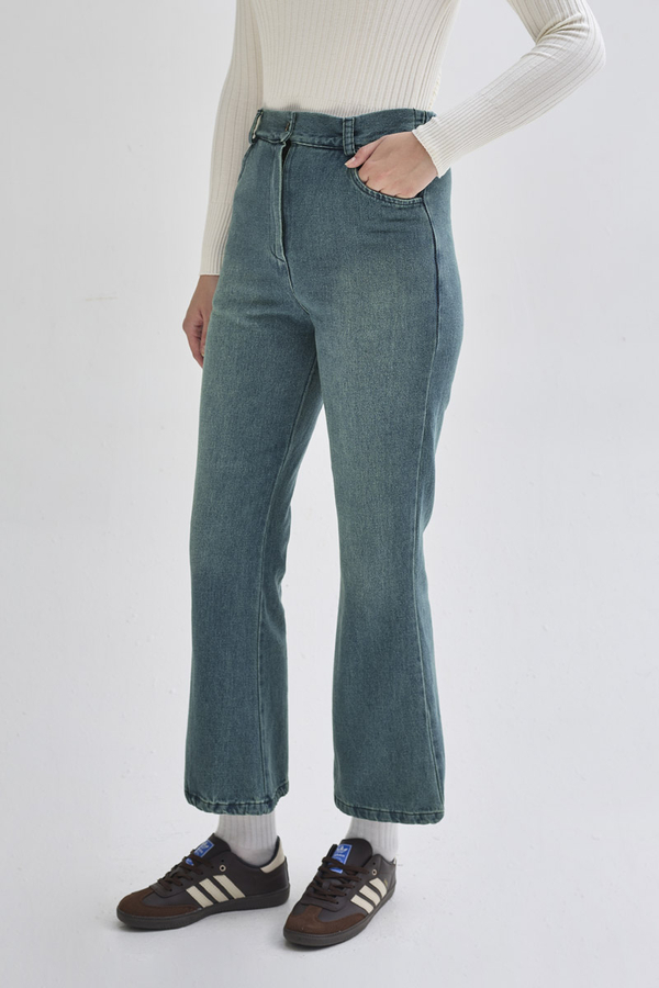 İspanyol Paça Denim Pantolon Yeşil Tintli - 3