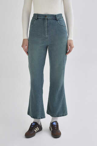 İspanyol Paça Denim Pantolon Yeşil Tintli - 1