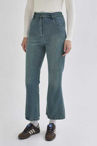 İspanyol Paça Denim Pantolon Yeşil Tintli - 2