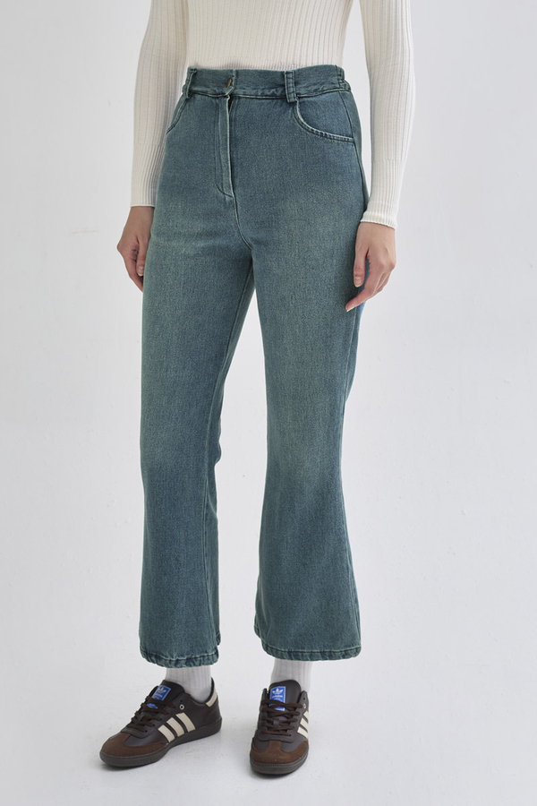 İspanyol Paça Denim Pantolon Yeşil Tintli (1)