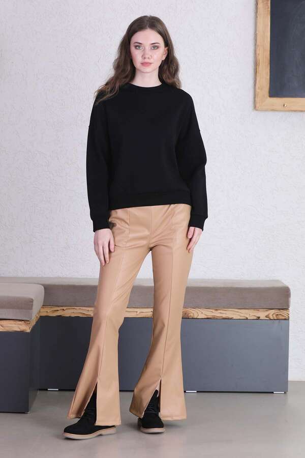 İspanyol Paça Deri Pantolon Bej 