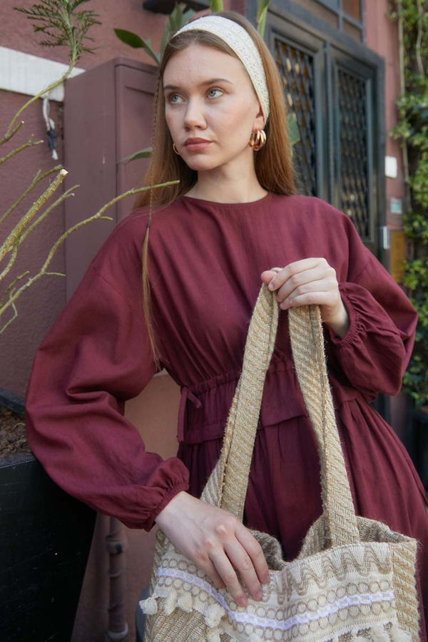 İynem Keten Elbise Bordo - 4