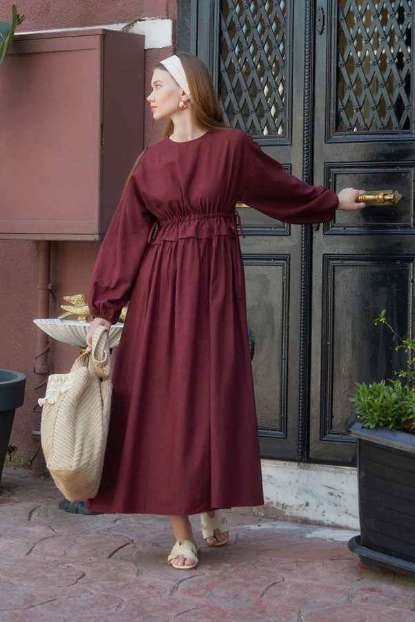 Iynem Linen Dress Burgundy - 6