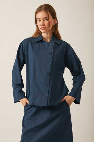 Jacket Collar Skirt Set Navy Blue - 3