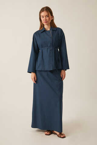 Jacket Collar Skirt Set Navy Blue - 1