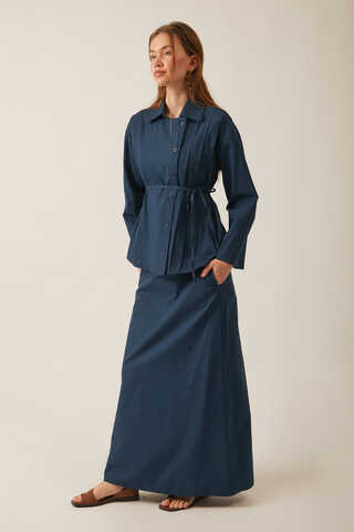 Jacket Collar Skirt Set Navy Blue - 8