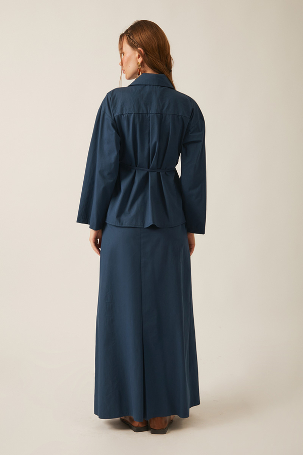 Jacket Collar Skirt Set Navy Blue - 13