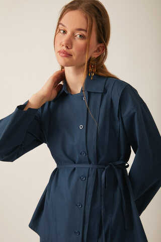 Jacket Collar Skirt Set Navy Blue - 11