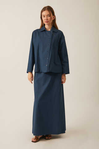 Jacket Collar Skirt Set Navy Blue - 4
