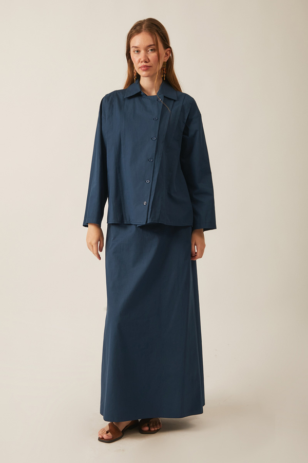 Jacket Collar Skirt Set Navy Blue - 4