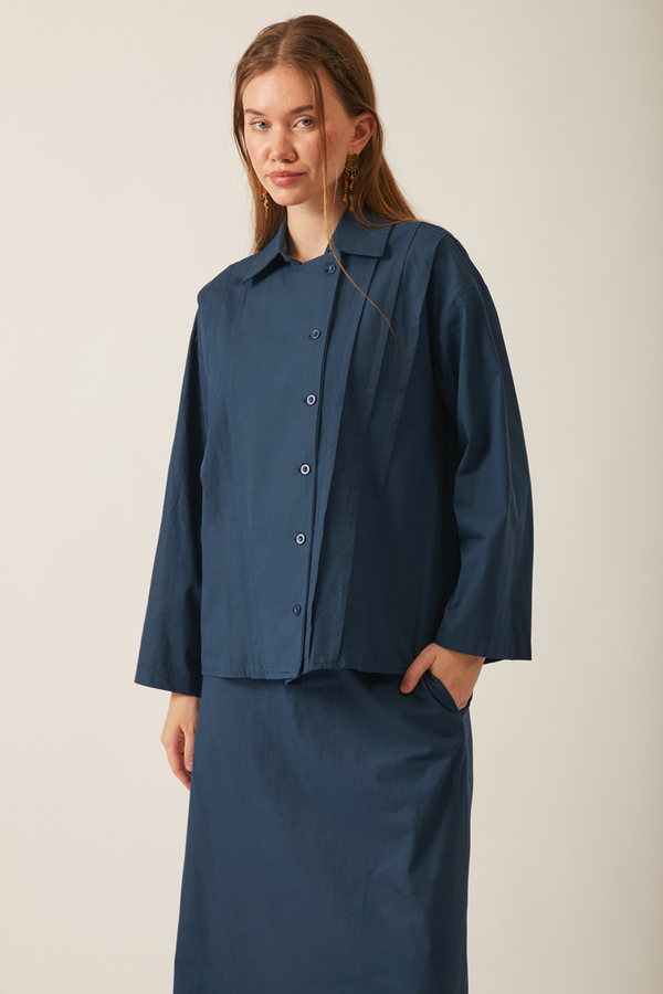 Jacket Collar Skirt Set Navy Blue - 6