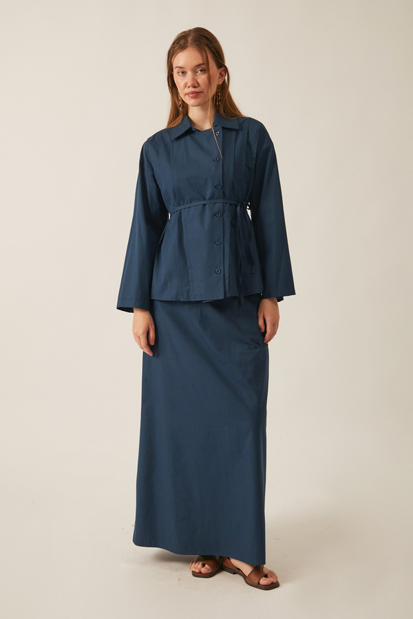 Jacket Collar Skirt Set Navy Blue - 1