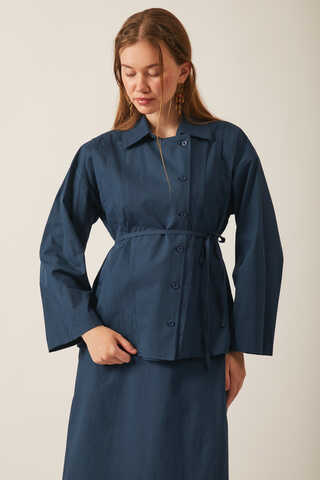 Jacket Collar Skirt Set Navy Blue - 2