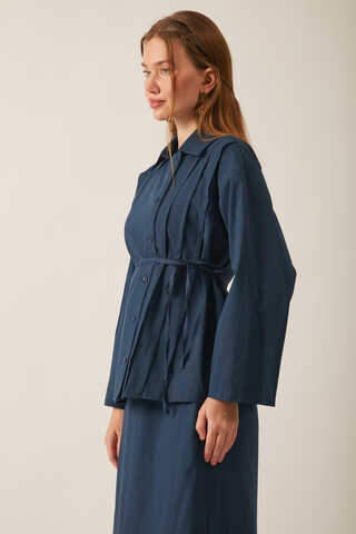 Jacket Collar Skirt Set Navy Blue - 7