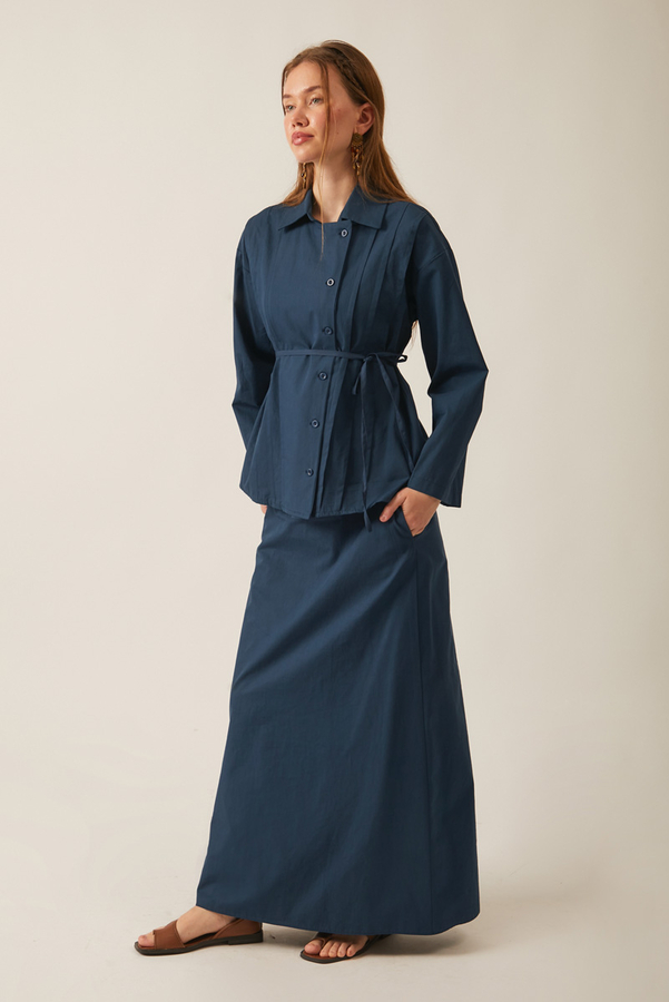 Jacket Collar Skirt Set Navy Blue - 8