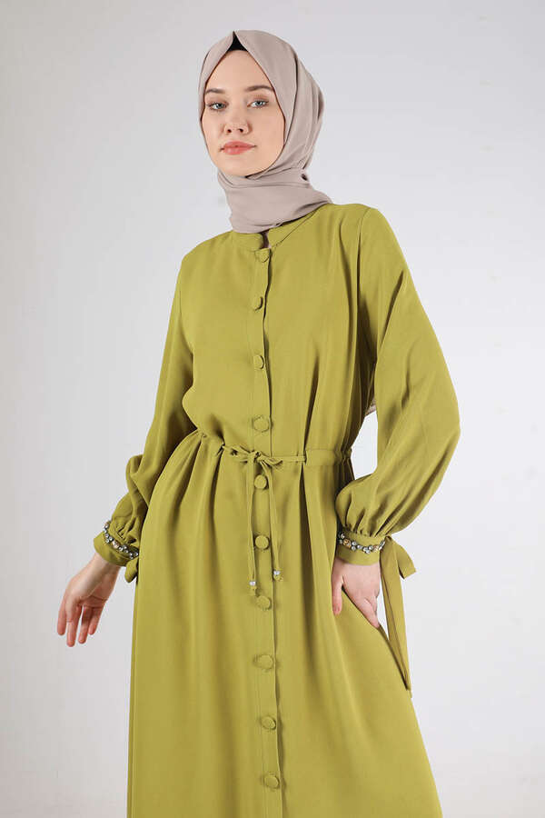 Judge Collar Laced Abaya Oil Green - 3