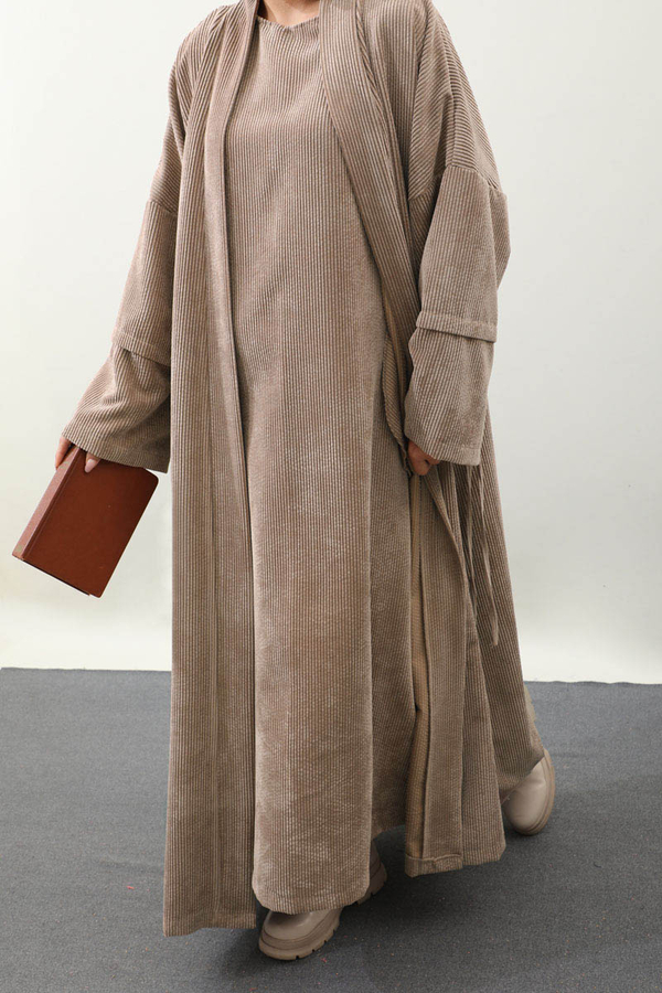 Kadife Abaya Takım Camel - 3