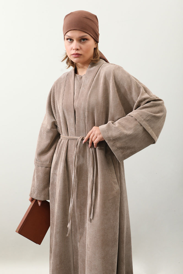 Kadife Abaya Takım Camel - 10