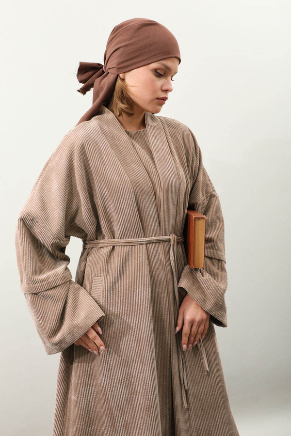 Kadife Abaya Takım Camel - 7